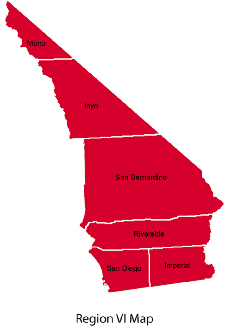 Map of Region VI showing California counties: Mono, Inyo, San Bernardino, Riverside, San Diego, and Imperial, highlighted in red on a transparent background.